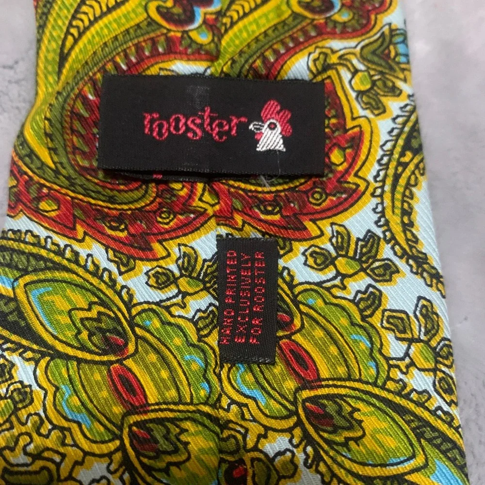 Vtg Rooster‎ John Wanamaker Paisley Neck Tie Green Gold Hand Printed Square End